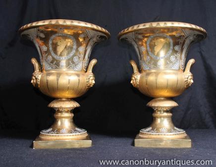 Pair Dresden Porcelain Campana Urns Roman Scenes Gilt Vases